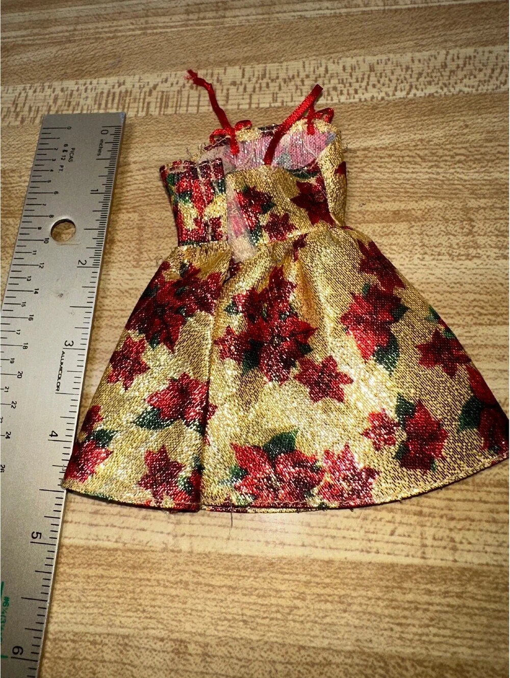 Barbie Doll Dress Gold Red Floral Poinsettia Holiday Costume Outfit Size Small